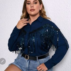 Sequin insert fringe trim shirt